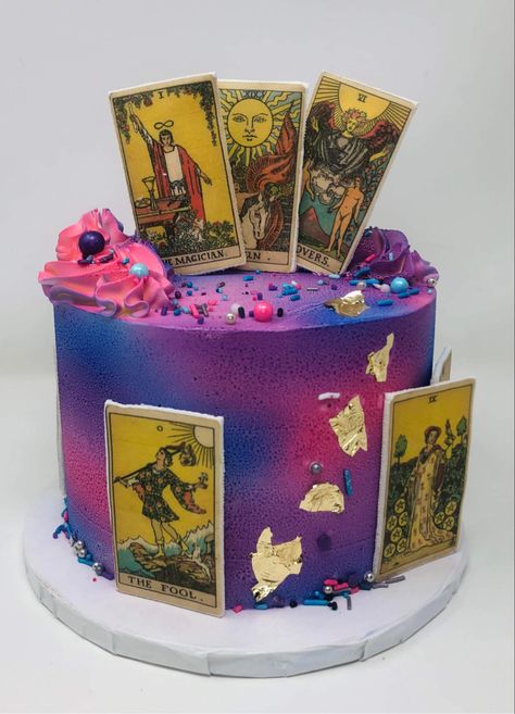 Tarot card mystical spiritual witchy birthday cake Tarot Cake Ideas, Virgo Birthday Party Ideas, Astrology Birthday Cake, Tarot Card Cake, Trippy Cake, Spiritual Cake, Witchy Birthday Cake, Aquarius Birthday Cake, Witchy Birthday