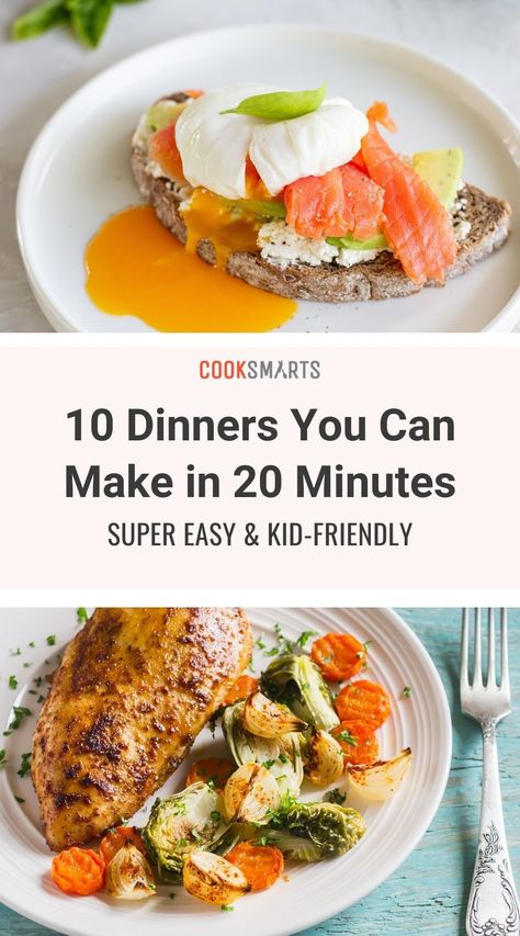 20 Minute Dinner Ideas | For low-prep meals that don’t require much planning, keep ingredients on hand for these easy fast-cooking recipes! Our 20 Minute Meals listed below include healthy pantry meals, recipes using frozen ingredients, and other shortcut dinners that can be made within 20 minutes. | CookSmarts.com 10 Min Meals, 15 Min Meals, 15 Minute Dinners, 10 Minute Meals, 20 Minute Dinners, Healthy Pantry, 15 Minute Meals, Easy Healthy Dinners, Quick Dinner