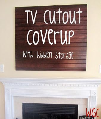 Fireplace TV Cutout Turned Storage | Wayward Girls' Crafts How To Cover Tv Hole Above Fireplace, Cover Tv Hole Over Fireplace, Covering Tv Niche Above Fireplace, Tv Space Above Fireplace, Tv Nook Above Fireplace, Niche Over Fireplace, Tv Niche Makeover, Tv Nook Makeover, Fireplace Niche