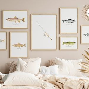 Lake House Decor Trout Fish Set Modern Lakehouse Art Coastal - Etsy Lakehouse Art, Hunting Wall Decor, Fishing Nursery Theme, Hunting Bedroom, Fishing Bedroom, Watercolor Fishing, Modern Lakehouse, Whistling Duck, Hunting Nursery