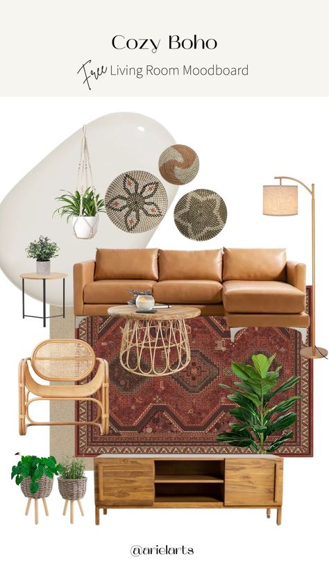 Boho Moodboard Interior Bohemian Mood Board Interior, Airbnb Moodboard, Boho Moodboard, Teddy Chair, Boho Style Furniture, Bohemian Style Interior Design, Small Studio Apartment Decorating, Just Out Of Reach, Narrow Living Room