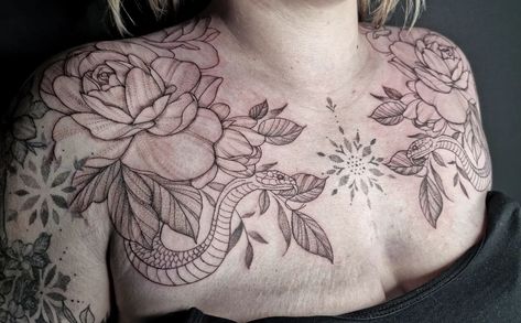 Full Chest Tattoos For Women, Chestpiece Tattoo, Chest Piece Tattoo, Full Chest Tattoos, Shoulder Piece, Tattoo Board, Sweet Tattoos, Chest Tattoos For Women, Chest Piece Tattoos