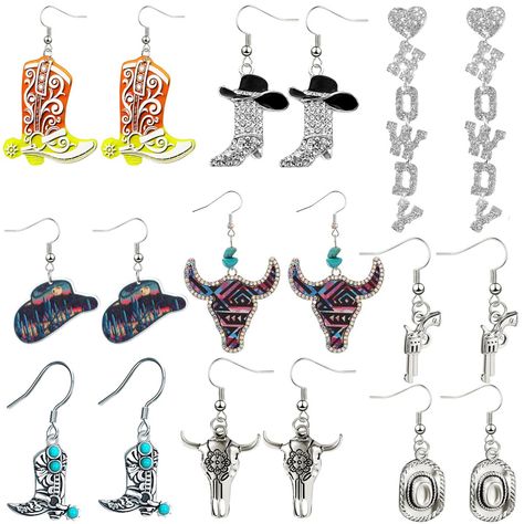 PRICES MAY VARY. Cute Western Earring Set: This set of 9 pairs of denim earrings includes denim boot earrings, denim hat earrings, and droplet shaped leather with cow head earrings. Rich in color, it is very suitable for anyone who likes Western and rural styles. High quality materials: The boots and earrings are made of high-quality alloy, leather, and acrylic, paired with bright enamel paint, which is fashionable and eye-catching. All earrings are made of hypoallergenic alloy and come with cop Cowgirl Accessories Earrings, Cowboy Earrings, Western Earring, Cowgirl Earrings, Boot Earrings, Bachelorette Inspo, Denim Earrings, Earrings Western, Cowgirl Accessories