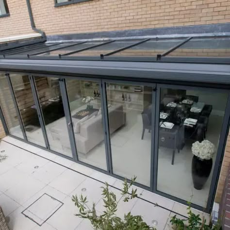 Lean To Glass Roofs | Glass Conservatory Roofs | Sunflex UK Lean To Conservatory Ideas, Conservatory Extension Ideas, Glass Roof Extension, Patio Roof Extension Ideas, Lean To Conservatory, Modern Conservatory, Conservatory Extension, Conservatory Kitchen, Glass Conservatory