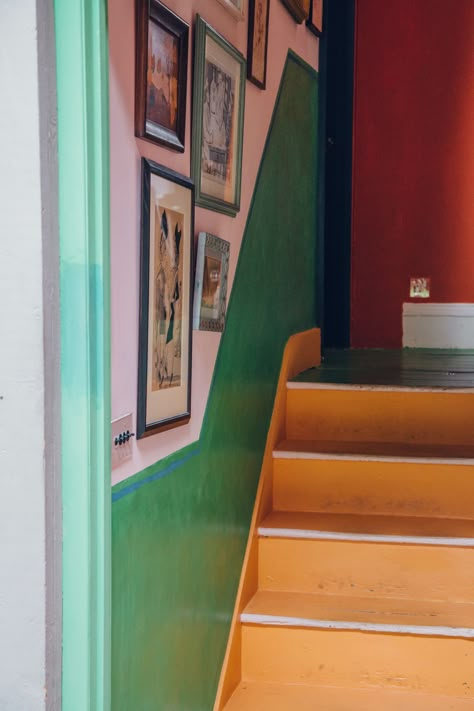 Eclectic Decor Hallway, Colorful Stairwell Ideas, Painted Hallway Stairs, Chalk Blue Paint Color, Yellow Painted Stairs, Colourful Staircase Ideas, Restaining Stairs, Coloured Ceiling Hallway, Fun Painted Stairs