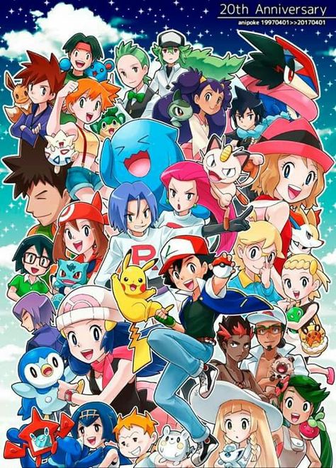 20th Anniversary by Anipoke Pokemon Kalos, Pokemon Mew, Pokemon Poster, Cool Pokemon Wallpapers, Pokemon People, Pikachu Wallpaper, Pokemon Manga, Ash Pokemon, Hxh Characters