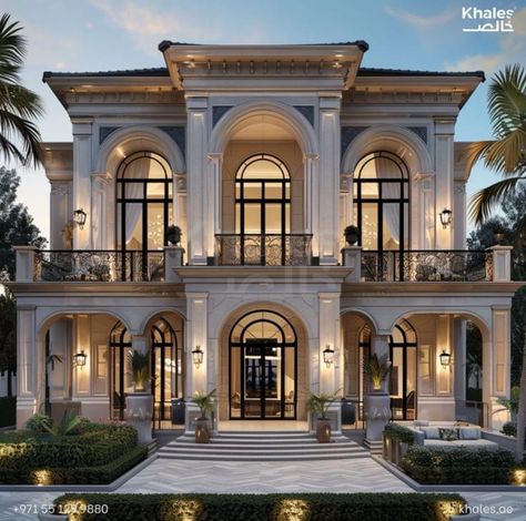 Neoclassical Homes Exterior, Neo Classical Homes Exterior, Neo Classic Architecture Facade, Neo Classic Exterior Villa Design, Neo Classic Villa Exterior, Neoclassical Exterior, Neo Classic House, Front Elevation Designs Modern, Classic Villa Exterior