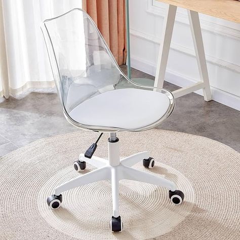 Amazon.com: Ebullient Acrylic Clear Desk Chair Modern Home Office Ghost Chairs with Wheels Cute Armless Rolling Vanity Plastic Chair with Adjustable Height (Clear) : Home & Kitchen Clear Desk Chair, Chairs With Wheels, Clear Desk, Ghost Chairs, Office Desk Chair, Plastic Chair, Modern Home Office, Home Office Desks, Desk Chair