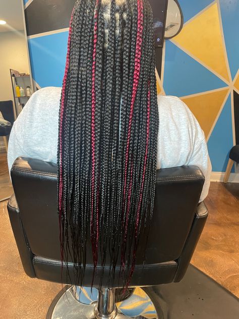 Red braids, black braids. Black And Red Braids Peekaboo, Dark Red Peekaboo Braids, Knotless Braids With Red Highlights, Braids With Red Highlights, Half Red Half Black Box Braids, Black And Red Knotless Braids, Dark Red And Black Braids, Black And Red Box Braids Mixed, Braids With Red