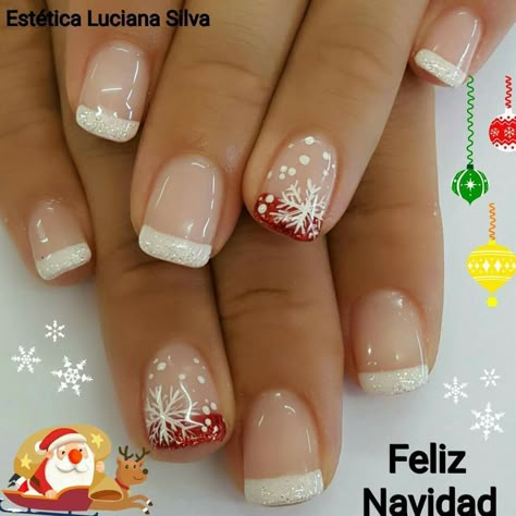 Nails Cristhmas Ideas, Xmas French Nails, French Manicure Christmas Nails, French Tip Christmas Nail Ideas, Snow Flake Nail Art, Winter French Nails, Christmas French Manicure, Christmas Nails French, Christmas French Nails