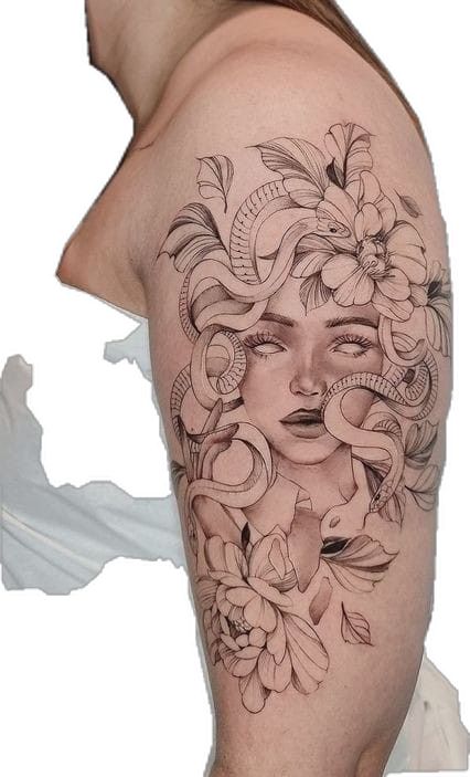 Female Medusa Tattoo, Medusa Calf Tattoos For Women, Delicate Medusa Tattoo, Medusa Tattoo Flowers, Medusa Flower Tattoo, Medusa With Flowers Tattoo, Medusa Tattoo Color, Medusa Shoulder Tattoo, Medusa Tattoo With Flowers