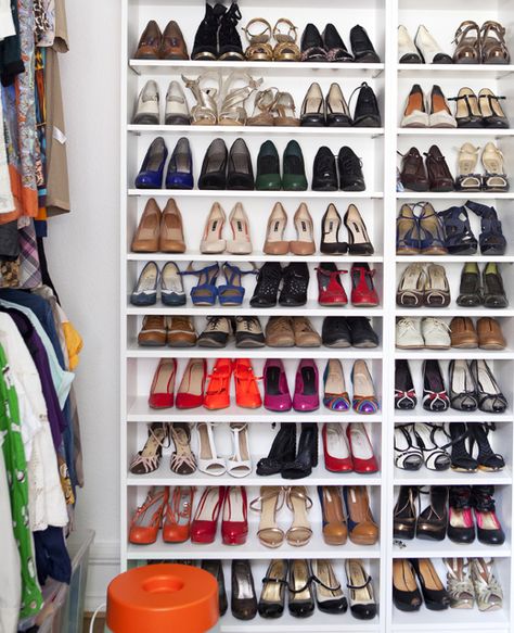 Rethink your BILLY bookcase - why not use it for shoe storage, like Elisabeth does! See more of her home at IKEA.com #IKEAIDEAS Pax Shoe Storage, Bookcase Shoe Storage, Organize Closet Clothes, Shelf In Closet, Cheap Bathroom Storage, Closet Rooms, Casita Decor, Shoe Shelf In Closet, Shoe Storage Hacks