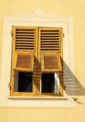 The relief work around the shutters in is stark contrast to their seemingly dilapidated state, love it! Italian Shutters, Yellow Shutters, House Window Design, Composition Painting, Windows 1, Inside House, Yellow Doors, Yellow House, Weather Vanes