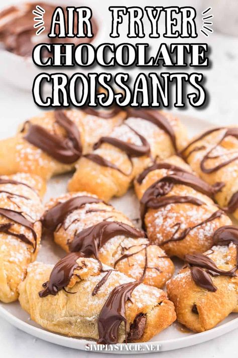 Air Fryer Chocolate Croissants - Make these chocolate stuffed crescent rolls in your air fryer. Wrap Pillsbury crescent roll dough around a spoonful of sweet and rich Nutella. Ready to eat in minutes! Such a delicious and easy dessert everyone loves. Chocolate Crescent Rolls, Pillsbury Crescent Recipes, Pillsbury Biscuit Recipes, Stuffed Crescent Rolls, Crescent Roll Recipes Dessert, Crescent Roll Recipes Dinner, Crescent Roll Dessert, Air Fryer Recipes Dessert, Chocolate Croissants