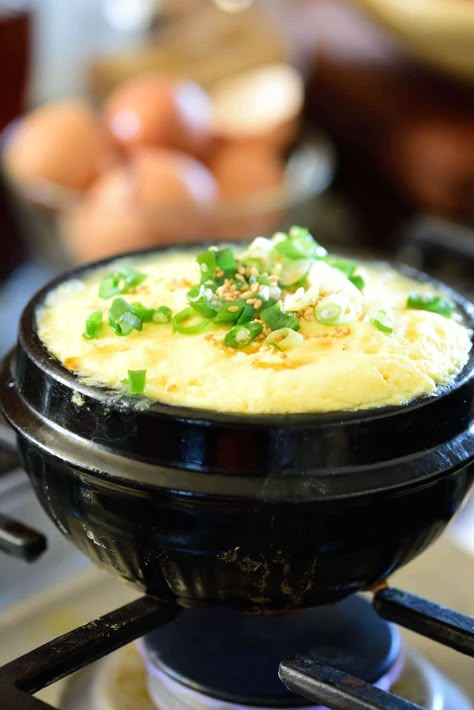 Gyeranjjim (Korean Steamed Eggs) Egg Soup Korean, Korean Egg Rice Recipes, Korean Scrambled Eggs, Steam Egg Korean, Korean Fluffy Egg, Korean Egg Soup, Korean Fried Egg, Korean Egg Souffle Recipe, Korean Steamed Egg Recipes