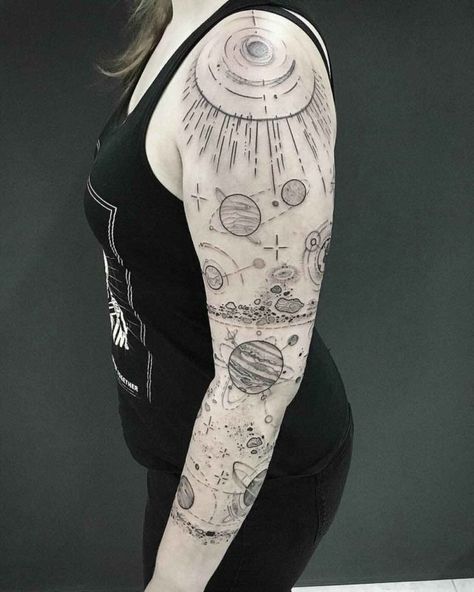 tattoo sleeve space Astronomy Sleeve Tattoo, Space Arm Tattoo, Space Sleeve Tattoo, Tattoo Map, Planets Tattoo, Space Sleeve, Galaxy Tattoo Sleeve, Space Tattoo Sleeve, Outer Space Tattoos