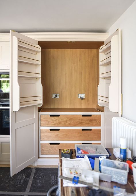 Bespoke larder, bespoke breakfast bar, designed by Herringbone Kitchens Kitchens Pantry, Breakfast Pantry, Pantry Rack, Herringbone Kitchen, Kitchen Larder, Breakfast Bars, Design Hack, Bespoke Kitchens, Ikea Kitchen