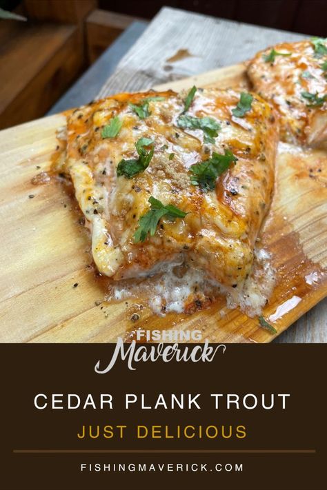 Cedar Plank Cooked Trout and salmon Recipe Cedar Plank Trout, Speckled Trout Recipes, Grilled Steelhead Trout Recipe, Speckled Trout Recipe, Trout Recipe, Grilled Trout, Cooking Trout, Steelhead Trout, Trout Recipes