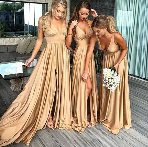 These bridesmaids dresses have us in awe! 😍 Follow us on Pinterest 👉(LINK IN BIO)👈 • ✨Tag and share with friends 💐Create your own fairytale 📸 DM for credit • • • • • • • • • • #dresses #gown #weddingdresses #weddingdress #weddinggown #weddinggowns #weddings #weddinginspo #weddinginspiration #weddingseason #weddingseason2020 #floralgown #bridetobe #bridetobe2020 #2020bride #bridalstyle #bridetobe #bridesmaidsdress #lacedress #lacedresses #modernweddingdress #vintageweddingdress #putaringonit Long Gold Bridesmaid Dresses, Different Bridesmaid Dresses, Gold Bridesmaid Dresses, Custom Bridesmaid Dress, Dress With Split, Gold Bridesmaids, Sleeveless Bridesmaid Dresses, Cheap Bridesmaid, Bridesmaid Dress Colors