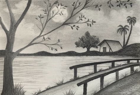 Scenery Sketch Drawing, Landscape Shading Drawing, Nature Pencil Drawings Easy, Landscape Shading Pencil, Shading Drawing Sketches Artworks, Nature Sketches Pencil Beautiful, Scenery Shading, Nature Landscape Drawing Easy, Pencil Shading Scenery