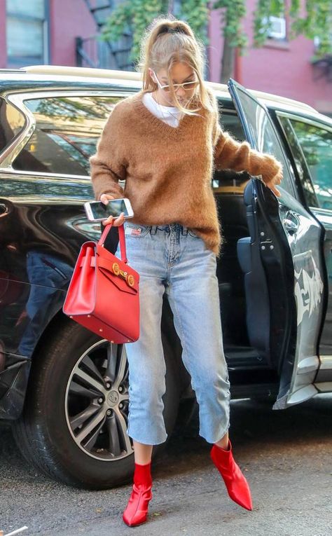 Red Sock Boots Outfit, Red Purse Outfit, Red Boots Outfit, Red Heel Boots, Outfit Botas, Socks Boots, Gigi Hadid Outfits, Red Booties, Sock Booties