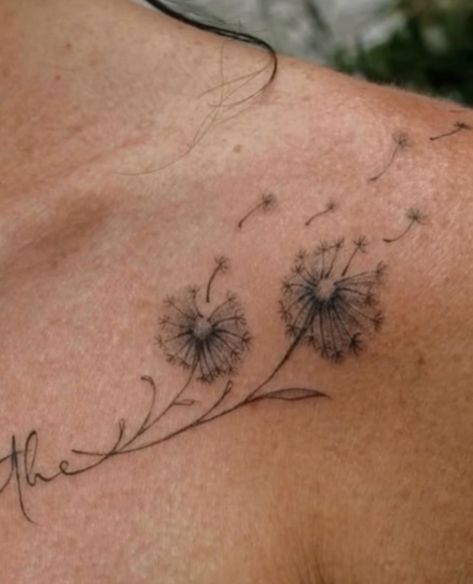 Shoulder Dandelion Tattoo, Dandelion Tattoo Collar Bone, Dandelion Collar Bone Tattoo, Dandoline Wishes Tattoo, Someday Tattoo, Buttercup Tattoo, Clavicle Tattoo, Bohemian Tattoo, Birthday Tattoo