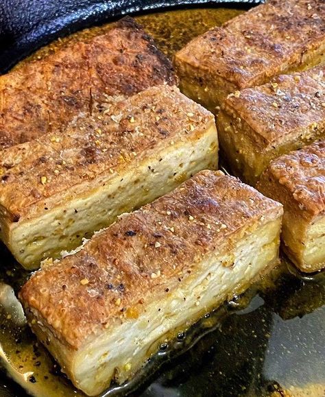 🚧 WARNING: THIS RECIPE IS 100% WICKED 🚧 Okay people, this recipe is not for the faint of heart! We're going full wicked, full flavor and showing you an amazing technique for slow roasting and then pan frying tofu similar to how people prepare pork belly. We're going to call it TOFU BELLY, because that sounds fun, and coincidentally, is also what I call it when I've just eaten this entire spread without sharing and need to lay on the couch for a while. Vegan Pork Belly Recipe, Tofu Pork Belly, Vegan Pork Belly, Tofu Skin Recipes Vegan, How To Cook Tofu In A Pan, Frying Tofu, Crispy Tofu Recipes Pan Fried, Sweet Chili Tofu, Vegan Pork