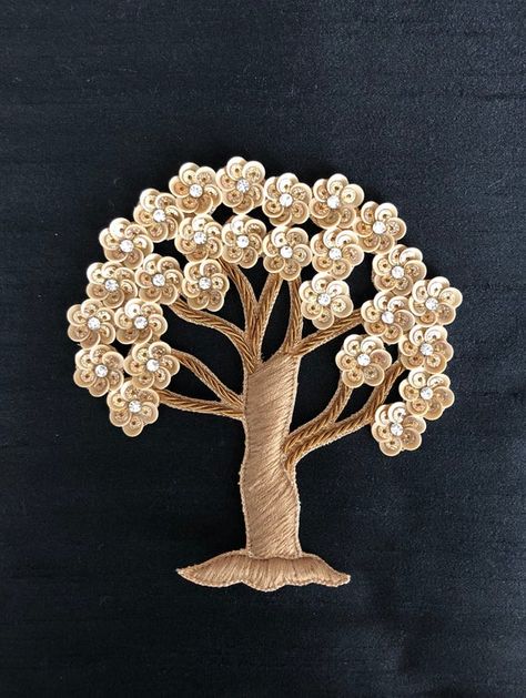 Golden Embroidered Tree Applique,Brown Gold Tree Patch,Zari Sequins Applique,Flowering Tree Applique Sequence Work Embroidery, People Embroidery, Embroidery Landscape, Tree Applique, Embroidered Accessories, Zardosi Embroidery, Hand Work Design, Zardozi Embroidery, Handmade Embroidery Designs