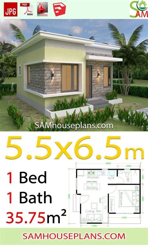 House Plans 3d, Flat House Design, Gable Roof House, One Bedroom House Plans, House Design Plans, One Bedroom House, Flat Roof House, 1 Bedroom House, One Bedroom Flat