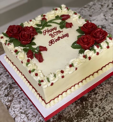 Rectangle Wedding Cake Ideas, Red Velvet Square Cake Design, Fruit On Top Of Cake, Birthday Cake Ideas Rectangle, Birthday Cake For 50 Year Old Women, Cake Squares Decoration, Red Roses Birthday Party Ideas, Square Cake Birthday, Red Rose Cake Design