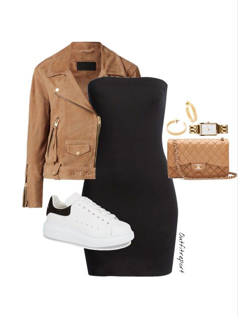 Brown Bodycon Dress Outfit With Jacket, Bags For Dresses Outfit, Casual Polyvore Outfits, Brown Black And White Outfit, Strapless Dress Outfit Casual, Black Bodycon Dress Outfit Casual, Beige Dress Outfit Casual, Bodycon Dress Outfit Casual Sneakers, Polyvore Outfits Dresses