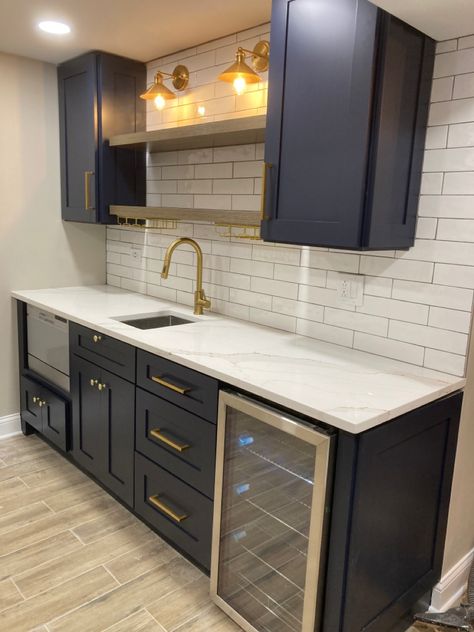 L Shaped Wet Bar, Navy Basement Bar, Navy Wet Bar, Bar With Sink And Mini Fridge, Modern Wet Bar Ideas, Wet Bar Dark Countertop, Basement Dry Bar, Black Cabinet Basement Bar, Small Pool House Interior