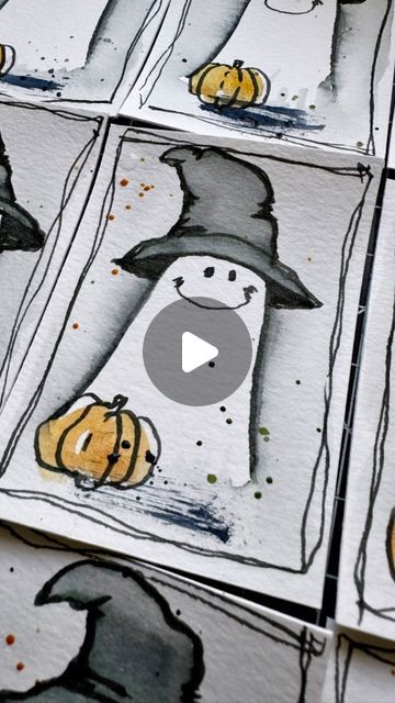 m r s g o o d w i n on Instagram: "Hello, October! 🍂 I couldn’t resist trying out a smile on my little friendly ghosts.  Do you think they wear them well?

SUPPLIES USED:
Canson XL cold pressed watercolor paper
Daniel Smith watercolors 
Hong Dian fountain pen
Noodler’s Ink
Princeton Neptune size 8 round brush
Bamboo Sumi calligraphy brush

#watercolor #inkandwash #noodlersink #atc #artisttradingcards #ghost #witch #witchshat pumpkin #spookyseason" Ghost Watercolor, Brush Watercolor, Ghost Witch, Calligraphy Brush, Hello October, Watercolor Ideas, Friendly Ghost, Round Brush, Brush Calligraphy