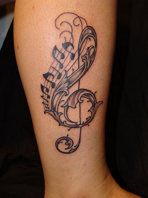 Music-Tattoo-for-Leg Treble Clef Tattoo, Latest Tattoo Design, Music Notes Tattoo, Music Note Tattoo, Music Tattoo Designs, Note Tattoo, Original Tattoos, Latest Tattoos, Leg Sleeve Tattoo