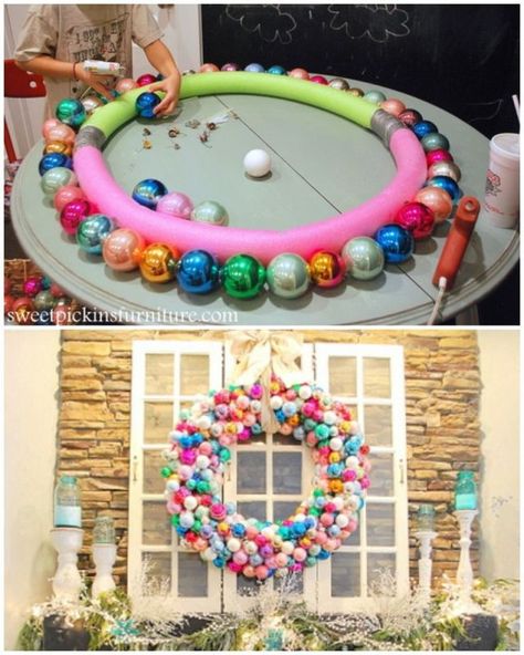 Two pool noodles are better (and bigger!) than one when it comes to wreath-making. The oversized design offers room for a full rainbow of baubles. Get the tutorial at Sweet Pickins »  - GoodHousekeeping.com Diy Christmas Projects, Diy Christmas Decorations, Garland Christmas, Christmas Potpourri, Cheap Christmas, Christmas Projects Diy, Pool Noodles, Orange Garland, Cute Diy