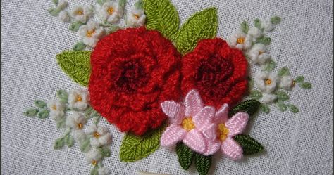 Hand embroidery design- red roses, pink flowers and tiny cute white flowers  Cast On stitch is a very beautiful stitch that makes best ... Cute White Flowers, Picot Stitch, Silk Ribbon Embroidery Tutorial, Ribbon Embroidery Tutorial, Rose Tutorial, Embroidered Roses, Hand Embroidery Tutorial, Embroidery Tutorial, Roses Pink