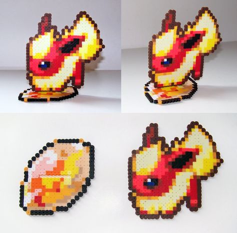 FOR SALE Perler Bead Flareon w/ Fire Stone Stand by NerdyNoodleLabs on deviantART Flareon Perler Bead Pattern, Perler Beads Pokemon Eeveelutions, Eevee Evolutions Perler Beads, 3d Eevee Perler Beads, Sobble Pokemon Perler Beads, Hama Beads Pokemon, Pokemon Perler, Fire Stone, Pokemon Bead