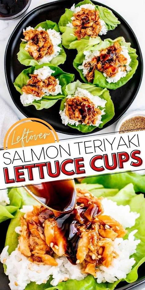 These Leftover Salmon Lettuce Cups are an easy five ingredient recipe for leftover salmon and rice served in butter lettuce. Use store bought Teriyaki for a a quick and delicious 5 minute dinner recipe or spend just a few extra minutes to whip up our easy homemade Teriyaki sauce for an even tastier meal! 5 Minute Dinner, Leftover Salmon Recipes, Leftover Salmon, Butter Lettuce, Salmon And Rice, Lettuce Cups, Homemade Teriyaki Sauce, Fast Dinners, Shrimp Dishes