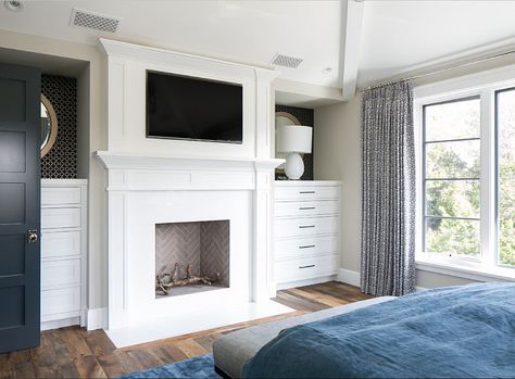 Bedroom Dresser With Tv, Brooke Wagner Design, Brooke Wagner, Bedroom Built Ins, California Beach House, Built In Dresser, Dresser With Tv, Fireplace Built Ins, Transitional Bedroom