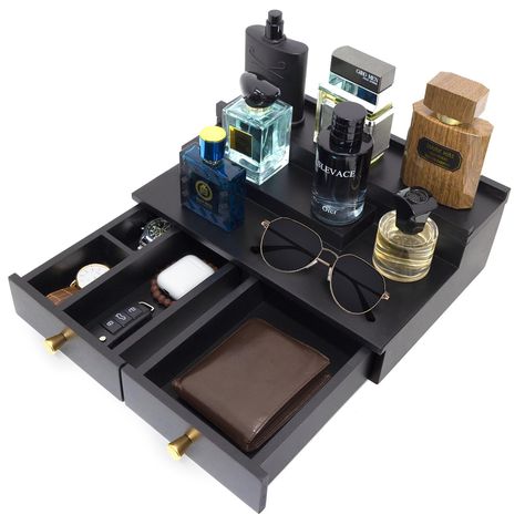 - Keep your cologne collection organized and stylish with this handsome leatherette organizer. With a built-in drawer for storing extra items, this organizer is perfect for the man who has a lot of cologne to show off. #cologneorganizer #men #leatherette Mens Vanity Organization, Men Wishlist Gift Ideas, Mens Dresser Organization, Christmas Gift For Guy Friend, House Warming Gift Ideas For A Man, Housewarming Gift For Boyfriend, Guy Anniversary Gifts, Creative Gifts For Men, Cool Boyfriend Gifts