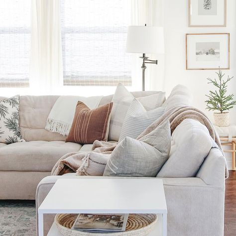 5 tips to style a sectional couch + update - Inside Hackner Home Sectional Sofa With Pillows, Arranging Pillows On Sectional, Pillows For Sectional Couch Layout Cozy, Pillows On Sectional Couch Layout, Lamp With Sectional Couch, Style Pillows On Sectional, How To Decorate A Sectional With Pillows, Throw Pillows On Sectional Couch, Pillows On L Shaped Sectional