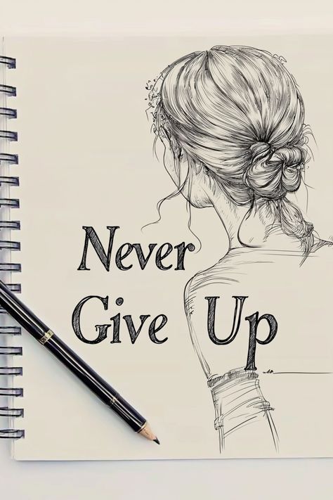 Black and white sketch with "Never Give Up" quote, showing a girl with her hair in a bun. Motivational Drawings Sketch, Sketches With Quotes, Motivational Drawings, Sketch Nose, Creepy Sketches, Little Sketches, Start Sketching, Spiderman 1, Sketches Ideas