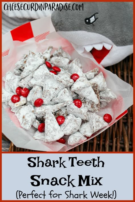 Look no further for a tasty Shark Week inspired recipe! Shark Teeth Snack Mix is coated with chocolate and peanut butter, coated with powdered sugar, and tossed with red chocolate candies. #SharkWeek #Snacks #Chocolate #PeanutButter Shark Week Snack Ideas, Shark Week Ideas, Shark Week Snacks For Kids, Shark Week Food Dinner, Shark Treats, Water Themed Snacks, Shark Snack Ideas, Shark Snacks For Kids, Shark Week Desserts