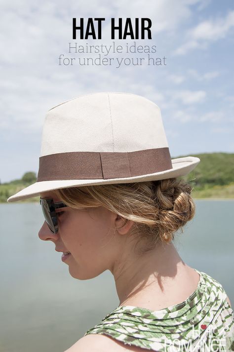 How to avoid hat hair and the best hairstyles to wear under a hat. Updos For Hats, How To Style Hair Under A Hat, How To Style Hair With Sun Hat, Hairstyle For Hats Summer, Pool Hair With Hat, Hair With Sunhat, Hair For Hats Style, Derby Hat Hairstyles, Under Hat Hairstyles