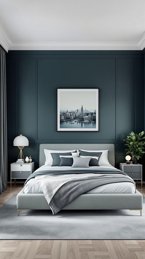 Dark Teal Bedroom Dark Teal Wall Bedroom, Teal Panelling Bedroom, Teal Master Bedrooms Decor, Dark Teal Accent Wall Bedroom, Teal Wall Bedroom Ideas, Teal Bedroom Accents, Dark Teal Accent Wall, Deep Teal Bedroom, Teal Wall Bedroom