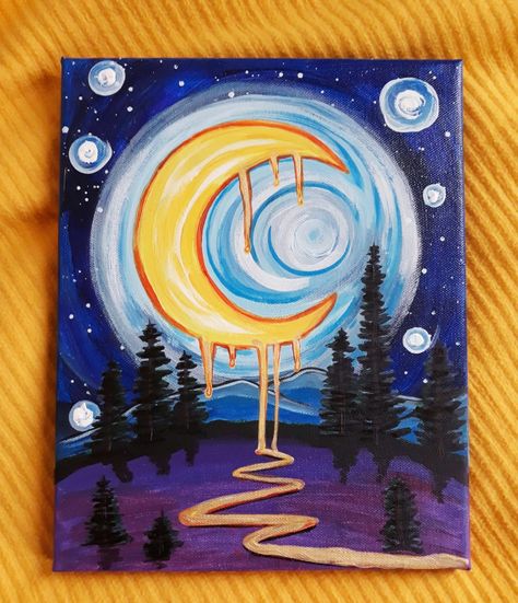 Funky Acrylic Painting Ideas, Painting Inspo Grunge, Cresent Moon Paintings, Shroom Painting, Valentines Drawings Ideas, Spiritual Paintings Easy, Beginners Canvas Painting, Trippy Painting, Posca Art