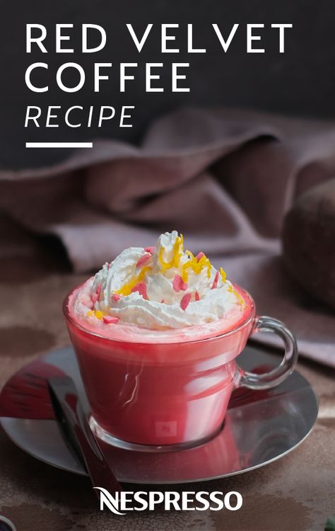 Turn your daily Nespresso moment into a sweet dessert treat with this easy recipe for Red Velvet Coffee. Simply combine chocolate syrup, vanilla, whipped cream, and beetroot juice with freshly brewed espresso to create this colorful drink. Click here to learn more. Red Velvet Coffee Syrup, Red Velvet Coffee, Nespresso Pod, Baileys Drinks, Nespresso Recipes, Beetroot Juice, Cold Coffee Recipes, Colorful Drinks, Vanilla Whipped Cream