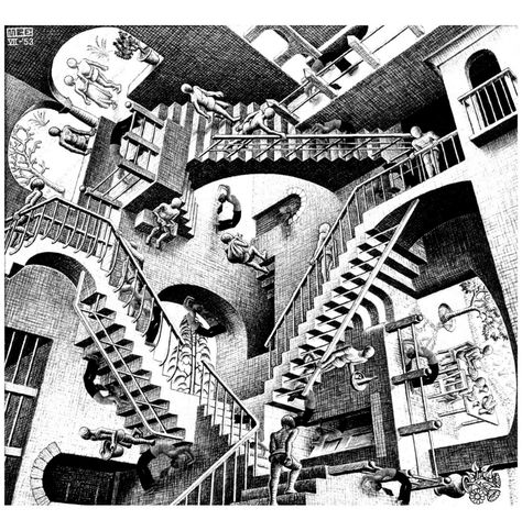 It is not immediately obvious, even by his own biographical account, that Escher would go onto create the images he is beloved by. A young… Mc Escher Relativity, Escher Relativity, Escher Stairs, Escher Paintings, Escher Art, Lenticular Printing, M C Escher, Mc Escher, Museum Poster