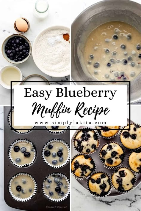 Try making a batch of these Easy Blueberry Muffins with Frozen Blueberries soon! They’re an easy one bowl muffin recipe that’s made with simple ingredients and delicious enough to enjoy anytime. simplylakita.com #easyblueberrymuffins Bakery Muffin Recipes Blueberry, Healthy Blueberry Muffins For Kids, Bisquick Blueberry Muffins Recipes, Baby Blueberry Muffins, Quick And Easy Blueberry Muffins, Simple Blueberry Muffin Recipe, How To Make Blueberry Muffins, Easy Blueberry Muffins Recipe, Blueberry Muffins Frozen Blueberries