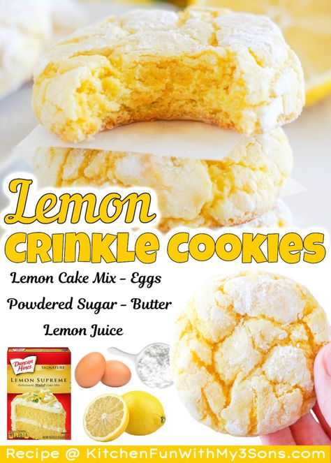 If you are looking for a light and delicious dessert, these Lemon Crinkle Cookies are perfect. They have the right amount of lemon flavor without being overly tart or sweet. Plus, the cake mix makes them incredibly fluffy and cuts down on prep! Crinkle Cookies Recipe Cake Mixes, Crinkle Cookies Cake Mix, Lemon Cake Cookies, Lemon Cake Mix Recipe, Lemon Cake Mix Cookies, Recipes Unique, Crackle Cookies, Cake Box Cookies, Lemon Drop Cookies